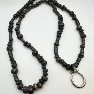 Brown Long Beads Beaded Necklace Silver tone Circle Eyeglass holder Boho